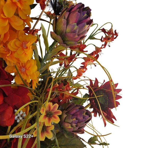 Artificial Floral Arrangement In Vintage Fishing Creel Wicker Basket With Leathe - Picture 14 of 14